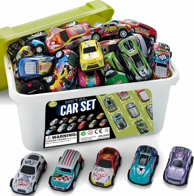 50pk Pull Back Cars – Mini Die-Cast Race Vehicles with Storage Bucket