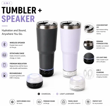 30oz Speaker Tumbler with Detachable Bluetooth Base – Insulated Travel Mug