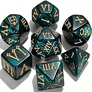 7-Pc. Ciaraq Polyhedral DND RPG Dice Set w/ Velvet Bag (Deep Teal Pearl)