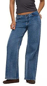 Women's Forever 21 Mid Rise No Waist Wide Leg Stretch Denim Pants (Blue)