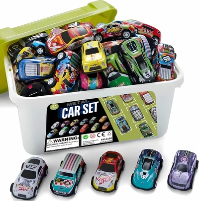 50pk Pull Back Cars – Mini Die-Cast Race Vehicles with Storage Bucket