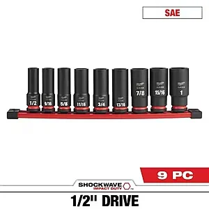9-Pc Milwaukee SHOCKWAVE 1/2" Drive Deep Well Impact Socket Set (SAE or Metric)